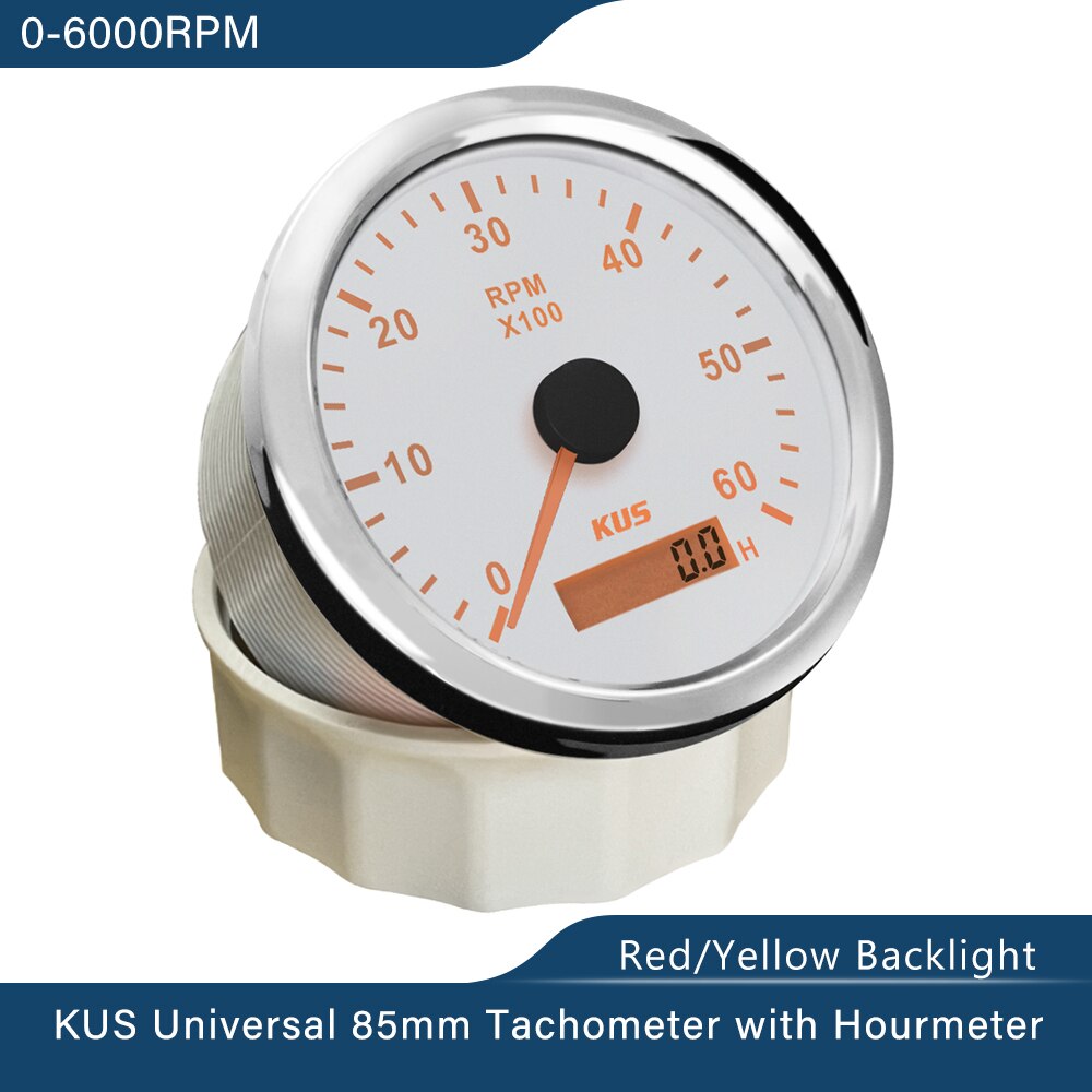 KUS 85mm Tachometer RPM Gauge with Hour Meter 0-3000/4000/6000/8000 RPM 12V/24V Tachometer Sensor with Backlight for Car Boat