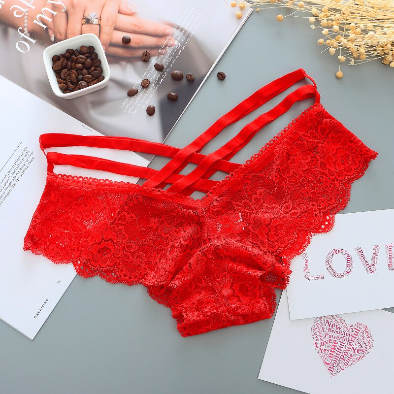 Lace Panties Women Sexy Lingerie Underwear Cross Strap Transparent Underpants Female Solid Briefs: Red