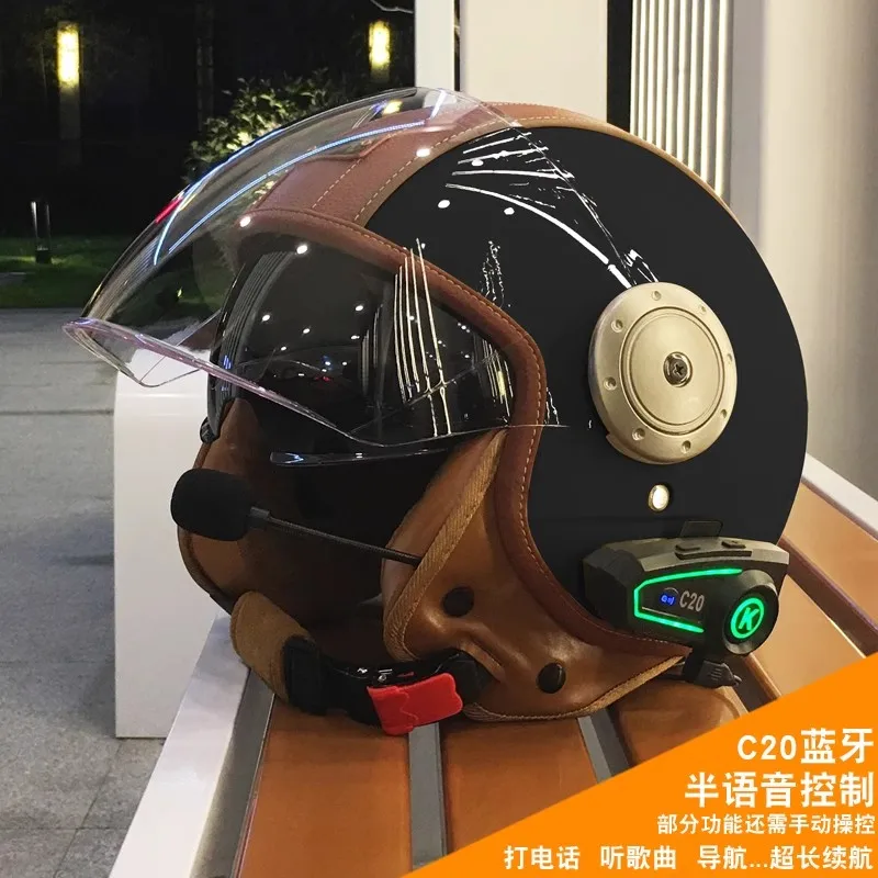 Elektrische Motorrad Intelligente Bluetooth Helm Warme Gehörschutz Motorrad Retro Stil Helm Drei-viertel Halb Helm: Elfenbein