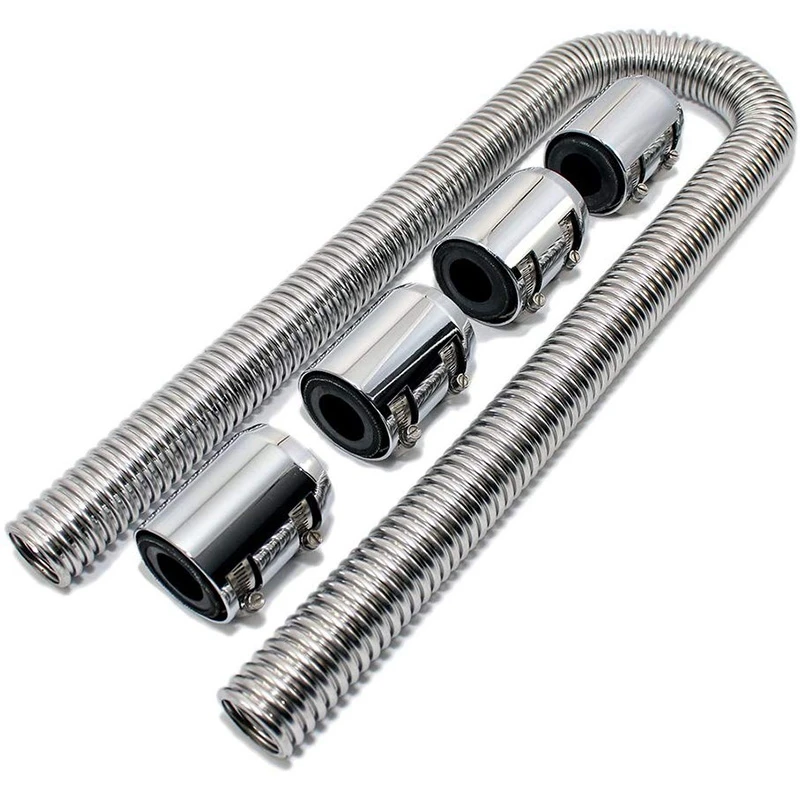 Kit de manguera de agua refrigerante flexible para radiador de acero inoxidable, Universal, negro, plateado, 48 ", con tapas: Plata