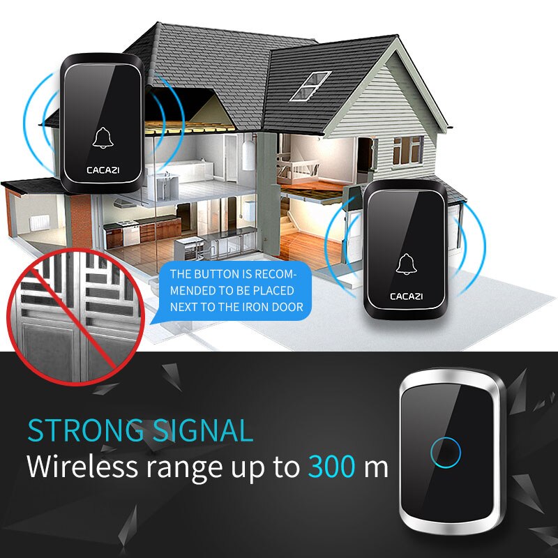 CACAZI Smart Wireless Door Bell Waterproof 1 Transmitter 5 Receiver US EU UK AU Plug Battery Home Bell Chime Wireless Ring Bell