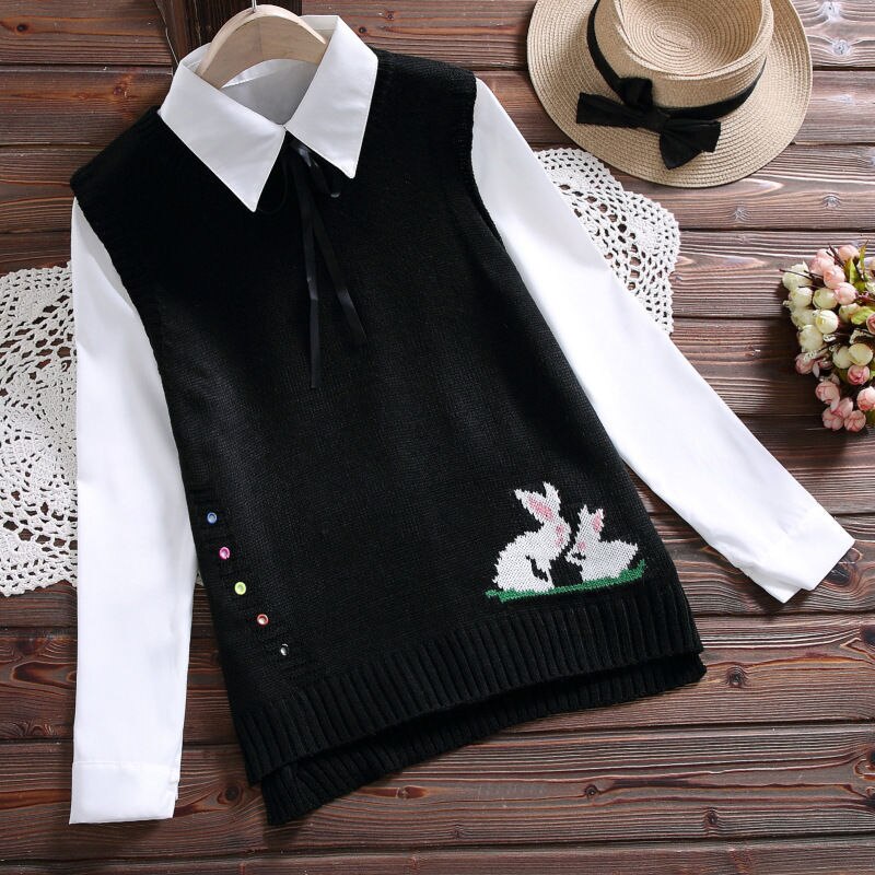 Loose Student College Wind Sweater Vest Female Cartoon Pattern Embroidery Round Neck Sleeveless Irregular Sweater Vest Women: Black