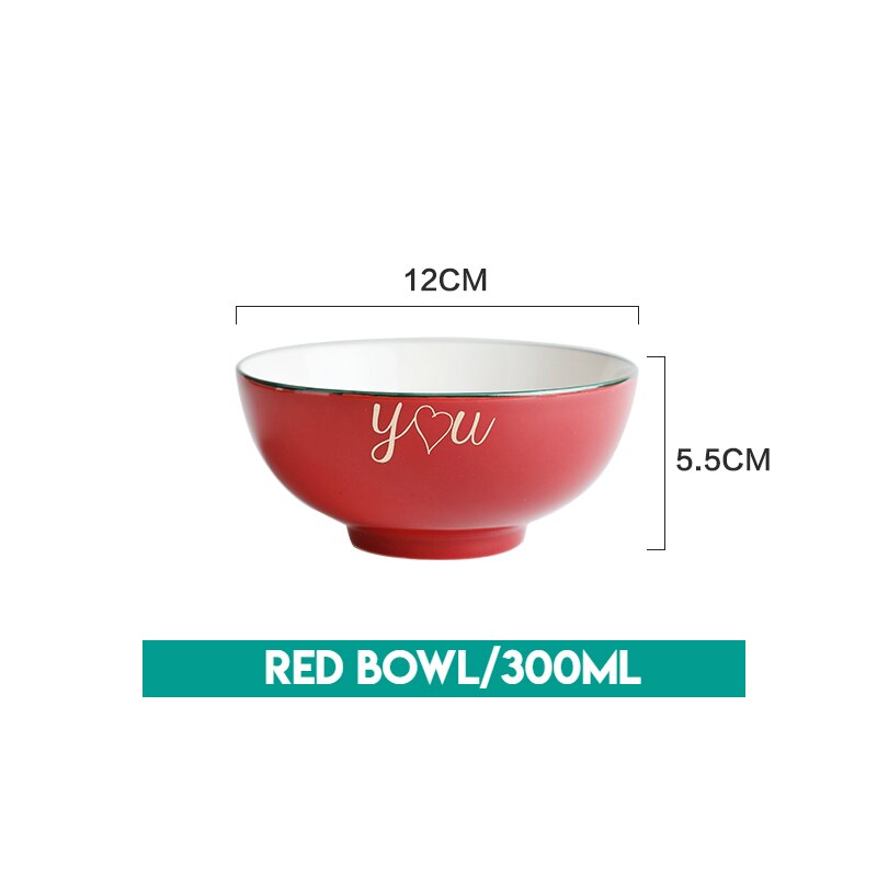 Tasse à café cuillère fourchette couteau | Vaisselle en céramique nordique, bol de vaisselle plaqué or ensembles de plats et d'assiettes, décorations de noël pour la maison: Red Bowl 300ML