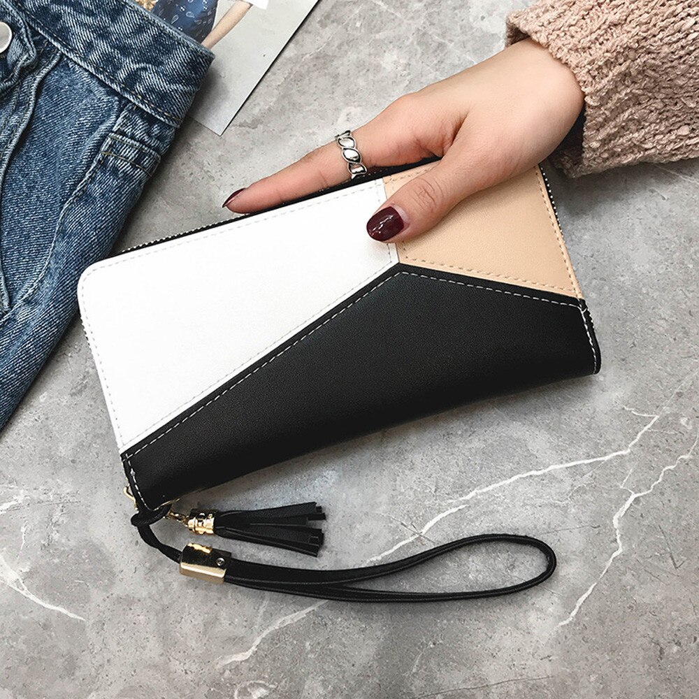 Long wallet wallet women's tassel patchwork long wallet ladies wallet card bag handbag card package W: Black