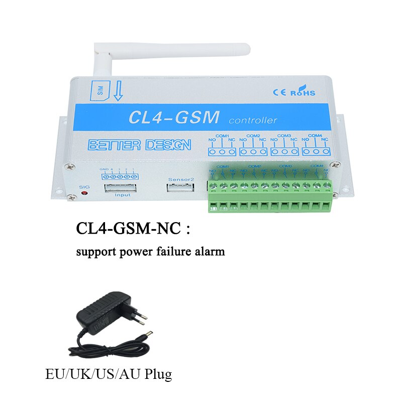 Wireless GSM SMS Smart Remote ON/OFF Switch Controller CL4-GSM With 4 Relay Output Support Power Failure Alarm: CL4-GSM-NC