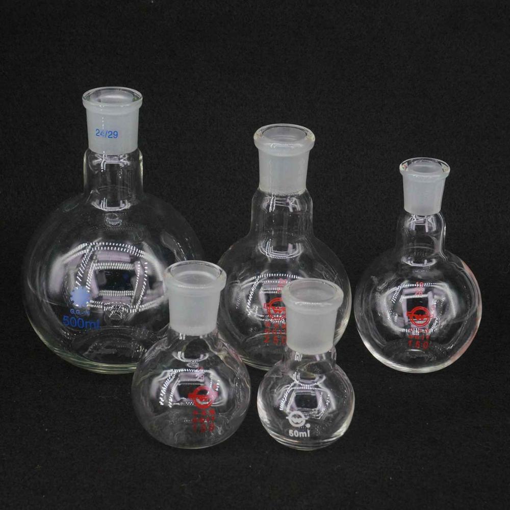 Flacon en verre à fond plat, fournitures de laboratoire, flacon de 50/100/150/250/500ml, à col unique, pour produits chimiques