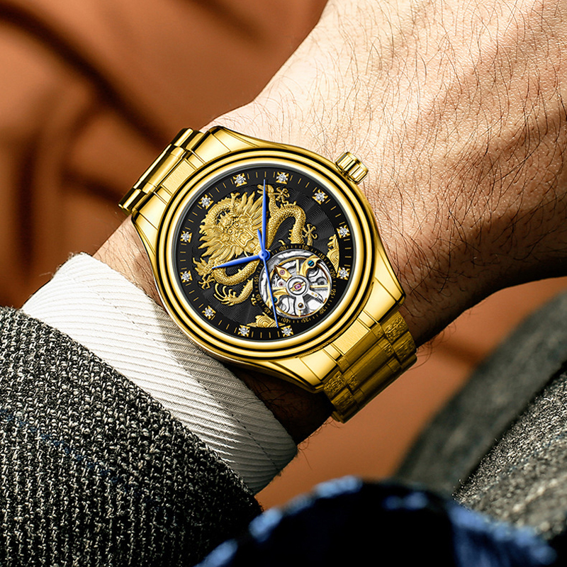 FNGEEN Luxus Männer Automatische Mechanische Uhr Wasserdicht Gold Drachen Uhren Für Männer Edelstahl Tourbillon Relogio Masculino
