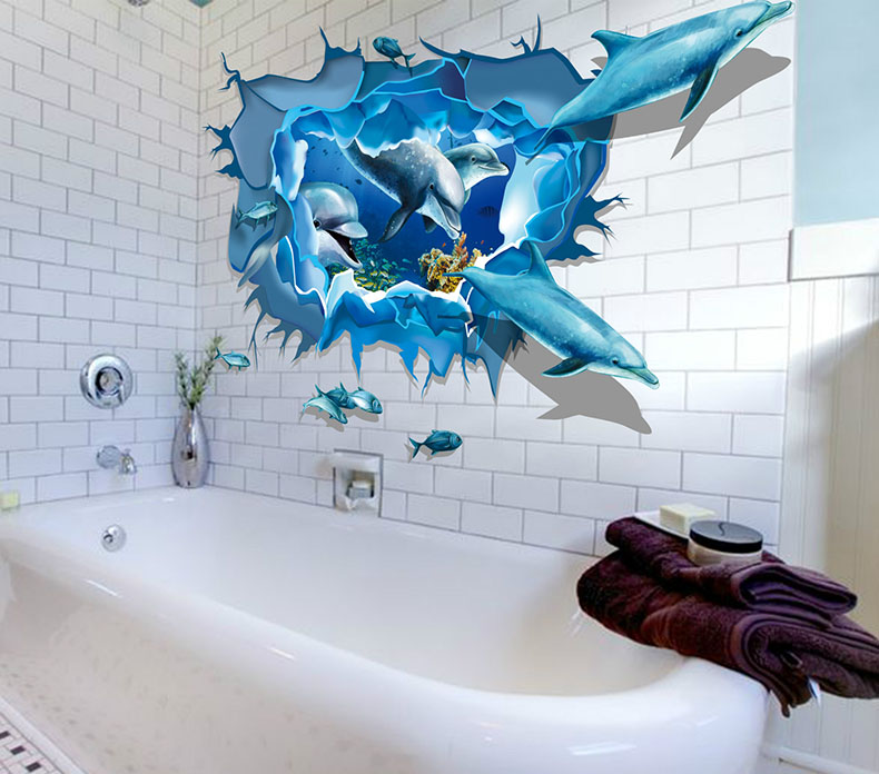 3D Smile Dolphin Wall Stickers Fish Decals Shell Bathroom Stickers Decoration Kid Living Room Ceiling Wallpaper Home Floor Decor