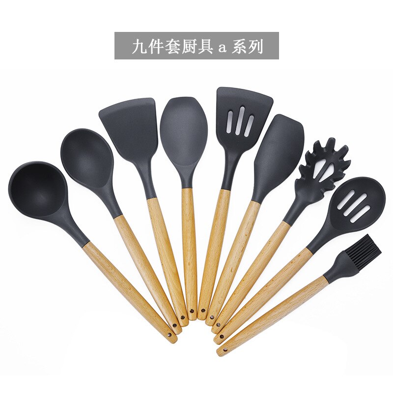 Silicone Cooking Utensil Set Wooden Handle Spatula Soup Spoon Brush Ladle Pasta Colander Non stick Cookware Kitchen Tools: A-9
