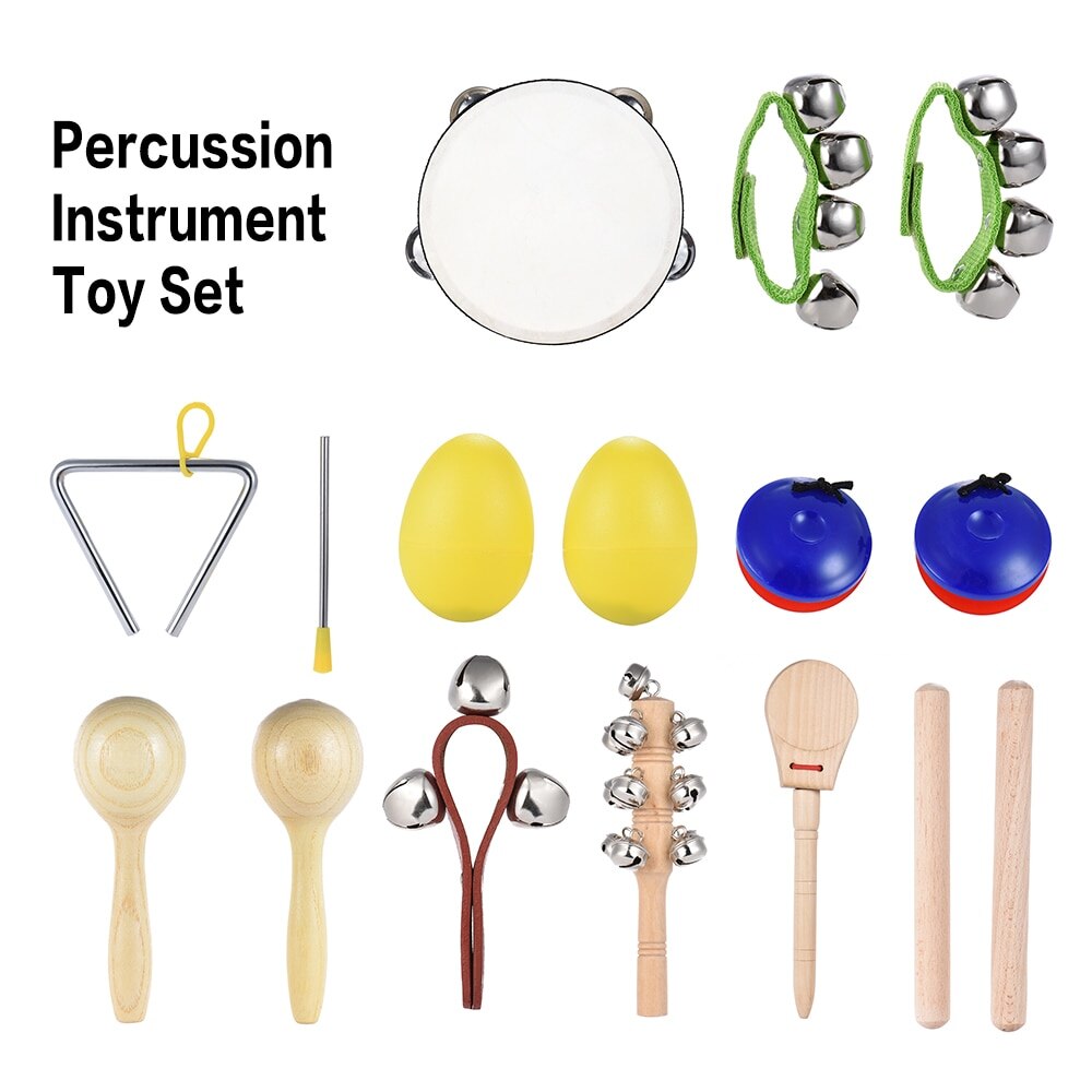 10 piezas instrumentos musicales de percusión de juguete Kit ritmo banda incluyendo pandereta Maracas triángulo castañuelas muñeca Bell para bebé