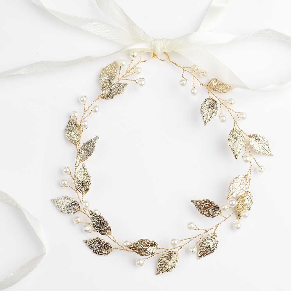 Diadema Retro con hojas y perlas para mujer o niña, accesorios nupciales para el cabello, joyería para el cabello de boda: Gold   35cm