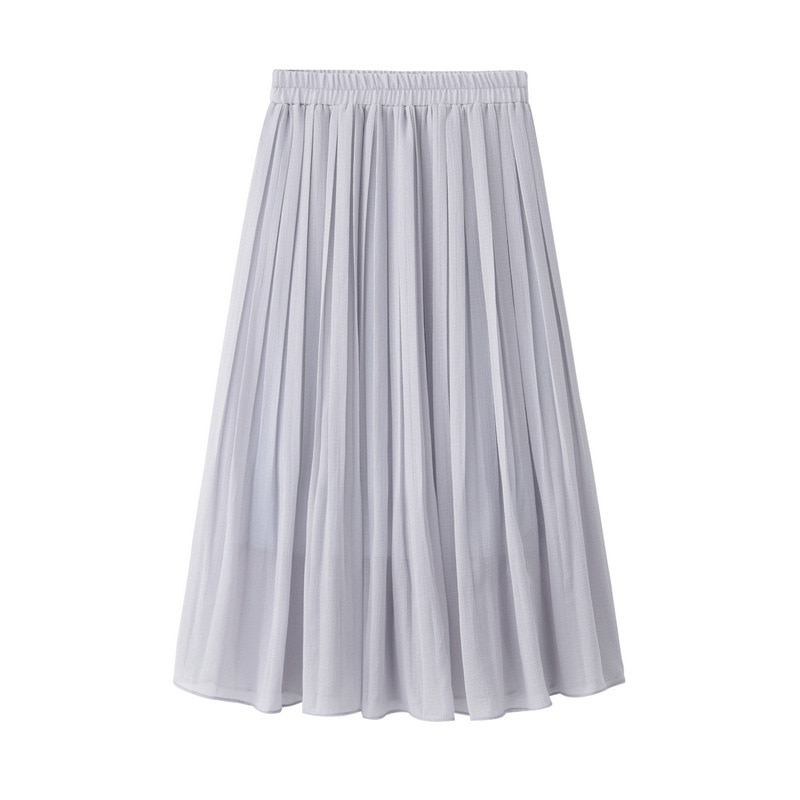 Spring and Summer Skirt College Wind High Waist Chiffon Pleated Skirt Elastic Waist Pleated Midi Long Skirt