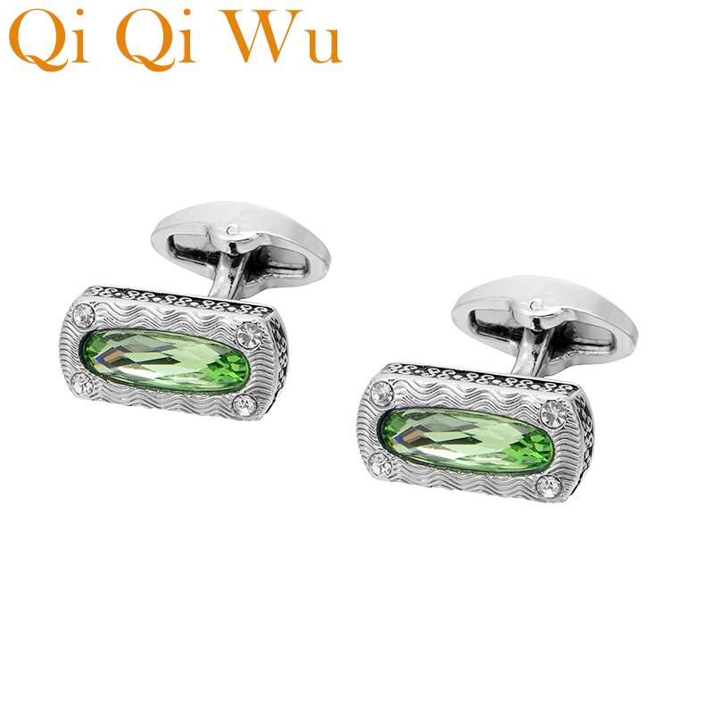 QiQiWu Retro Green Crystal Men Cufflinks Wedding Luxury Square Mens Shirt Cuff Buttons Silver Plated Cuff links Christmas