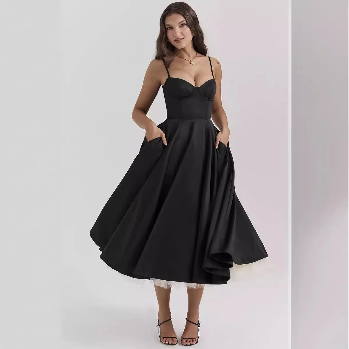 Women's A-Line Spaghetti Strap Mid-Calf Dress European And American Style Double-Layer Mesh Suspender Dress