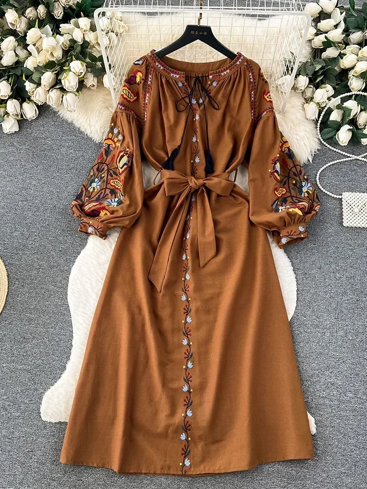 Boho-Kleid für Damen, Jahrgang-Stil, Ethno-Stil, Laterne, langärmelig, bestickt, Rundhalsausschnitt, schmales A-Linien-Kleid aus Baumwolle und Leinen: Beige