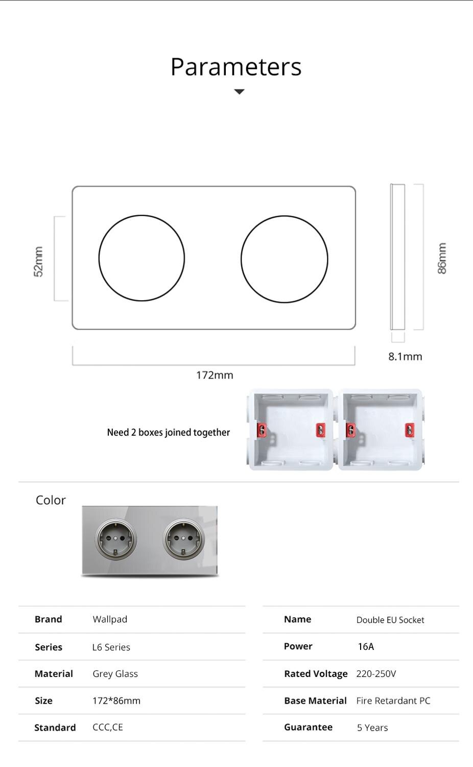 Wallpad L6 Grey Glass Double 2 Way EU Wall Power Socket Electric Outlet Schuko Twin Dual Socket, 172 * 86 mm