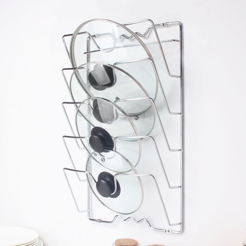 Organizador de cozinha rack de parede pendurado pote capa rack de cinco camadas pote tampa de metal ferrugem-livre multifuncional rack pote tampa rack de armazenamento