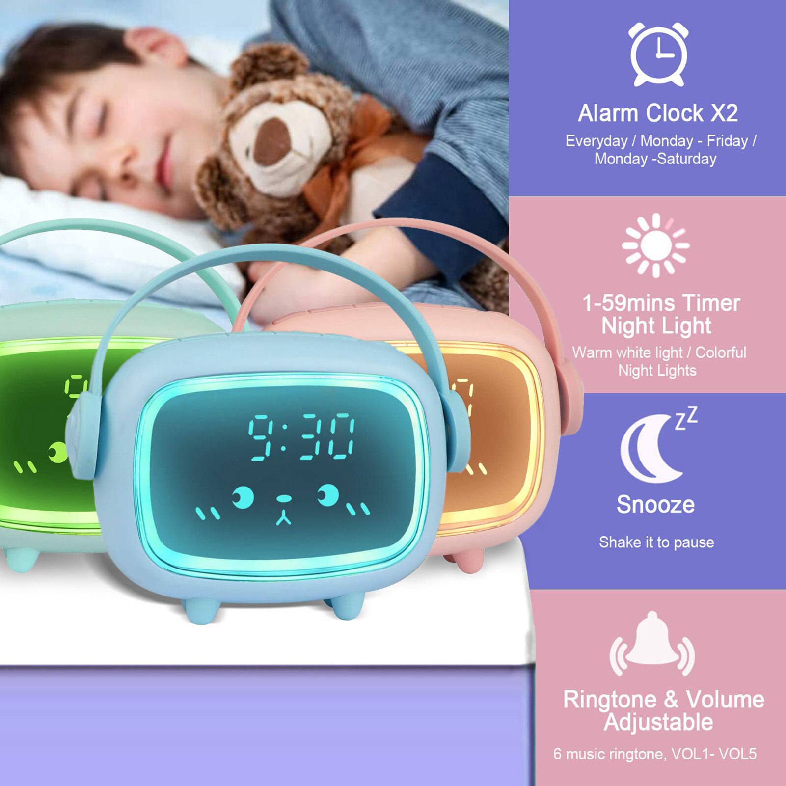 Child Alarm Clock Children's Electronic Alarm Clock Time Angel Alarm Clock Multi Function Led Night Light Digital Alarm Clock