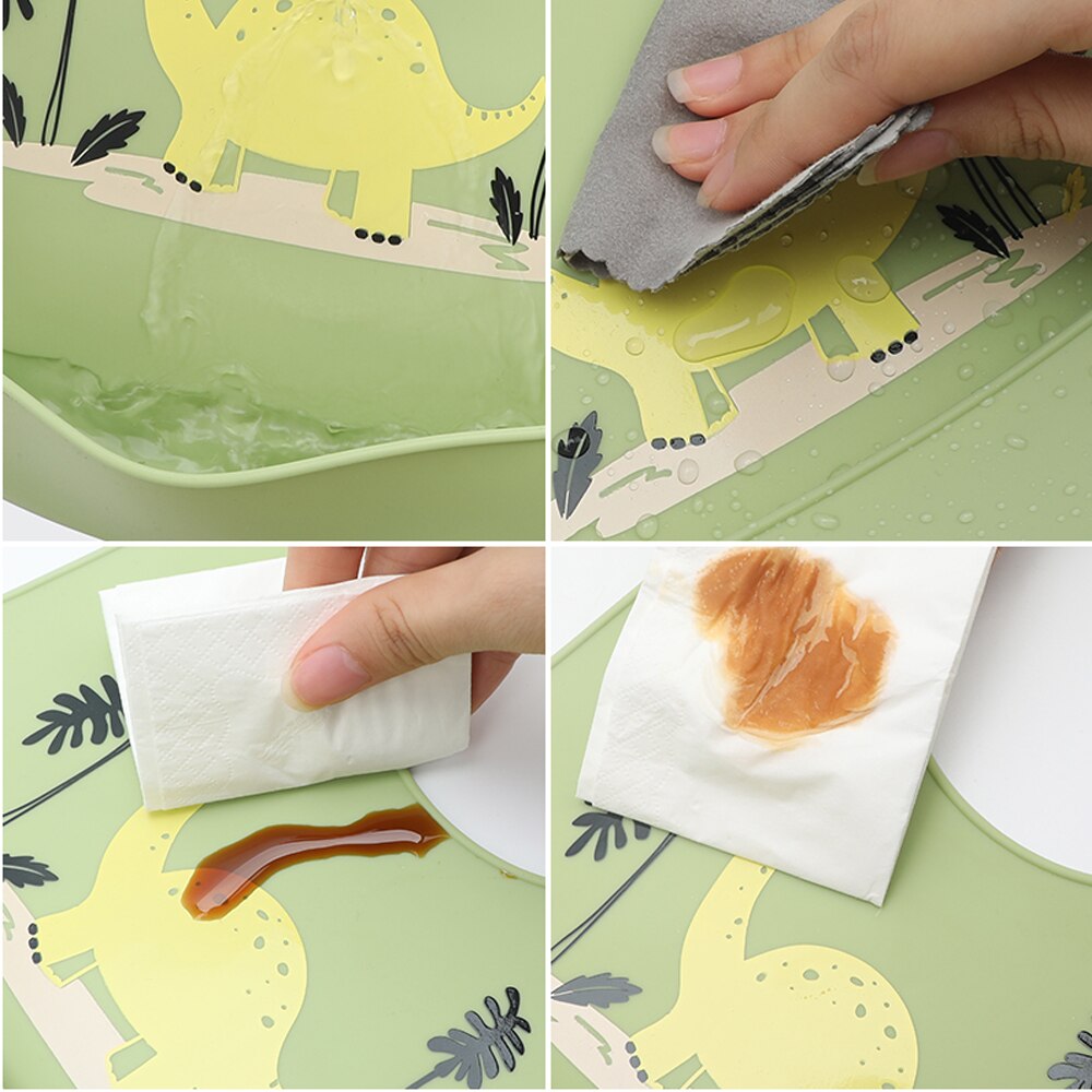 Baby Lätzchen Weichen Silikon Kleinkind Fütterung Lätzchen Wasserdichte Kleinkind Zeug Solide Karikatur Dinosaurier Druck Mädchen Junge Einstellbare Spucktücher