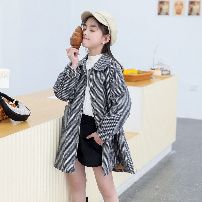 Manteau en laine à carreaux pour filles, vêtements d'extérieur à col tournant, veste solide inclinée pour enfants et adolescents, printemps automne