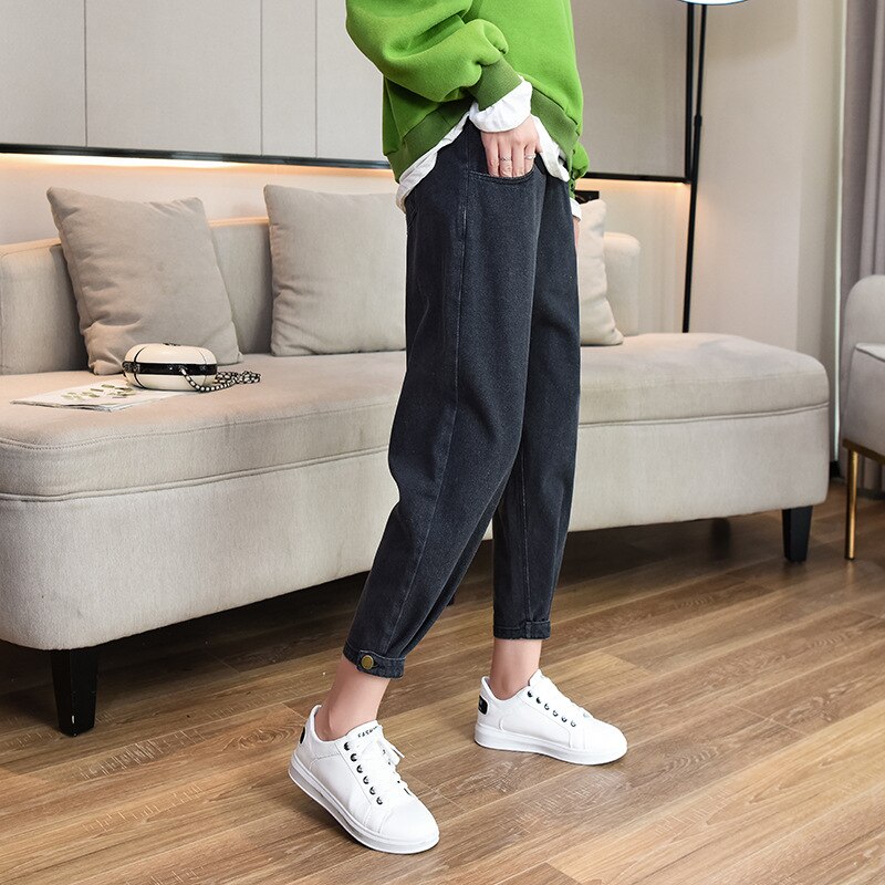 Plus Size 2XL Button Maternity Denim Pants For Pregnant Women Cotton Clothes Pregnancy Jeans Clothing Mother Straight Trousers: Black / XL