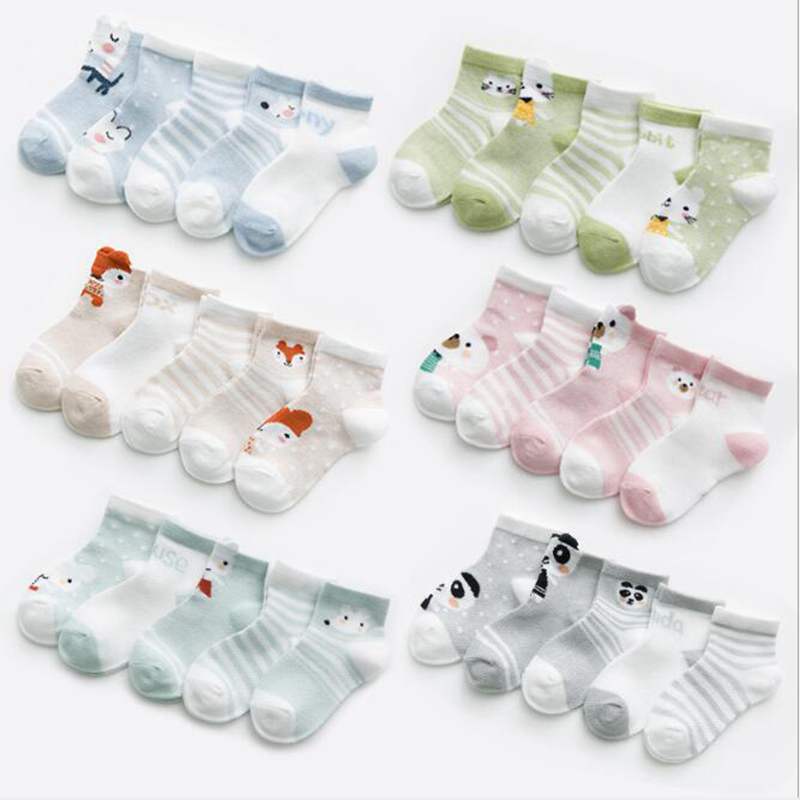 5 pares/lote Dos Desenhos Animados Do Bebê Meias de Malha Respirável Meias Finas de Verão para Crianças Meninas Meninos Meias de Algodão Doce Cor de Meias