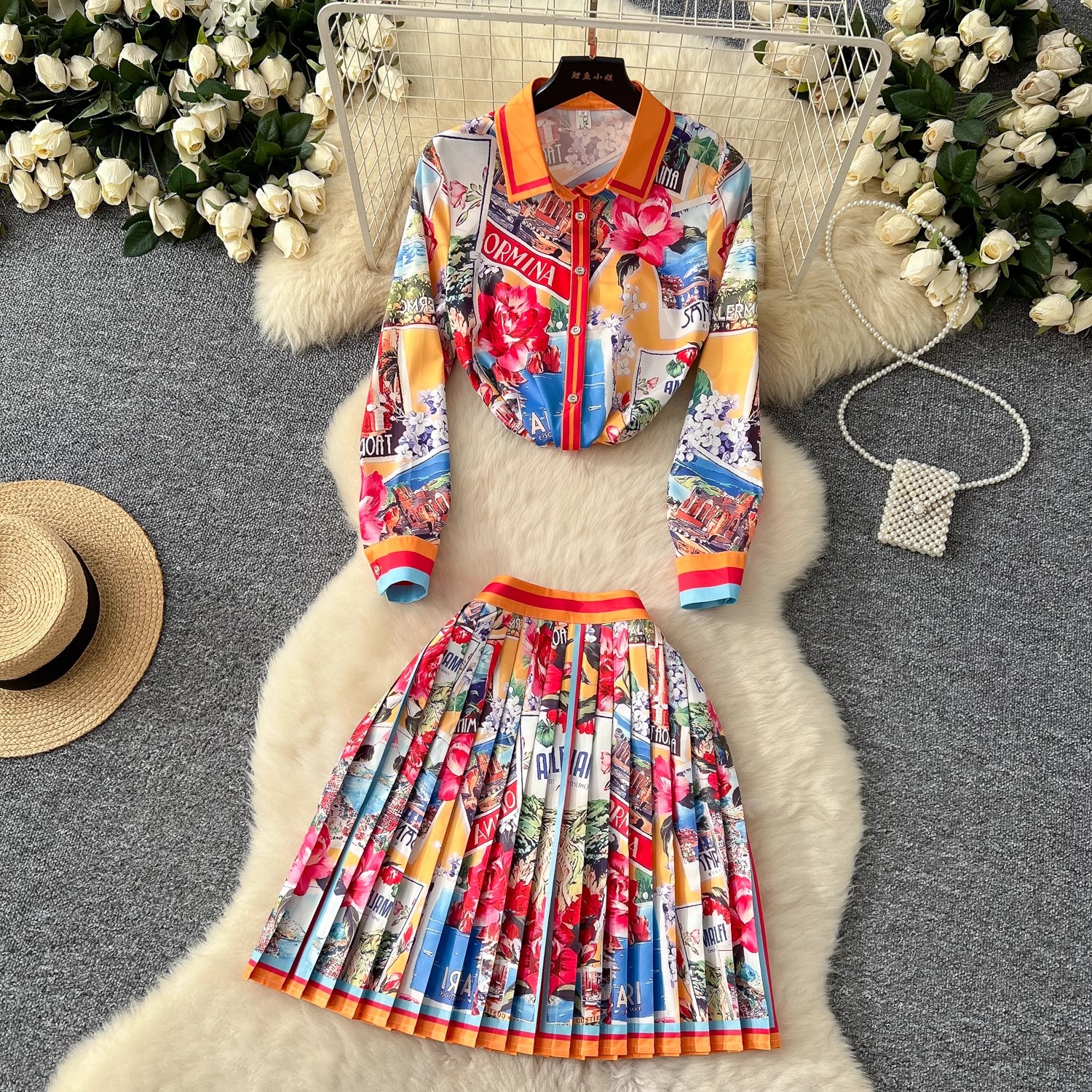 Sommar catwalk vacker blommig kjol kostym långärmad tryckt skjorta toppar + veckad minikjol dam s 2- delade outfits kjol: Xxl / Guld-