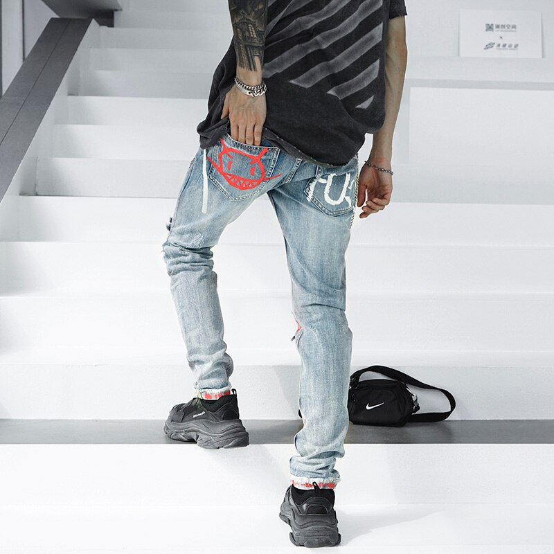 3XL Plus Size Heren Broek Brief Afdrukken Gat Slanke Jeans Broek Streetwear Hip Hop Ripped Jeans Voor Mannen Verontruste Denim broek