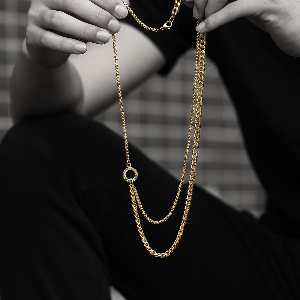 Men's Punk Gold Stainless Steel Layered Chain Necklace Box Curb Link Chain Stylish Hip Pop Male Jewelry TNS021