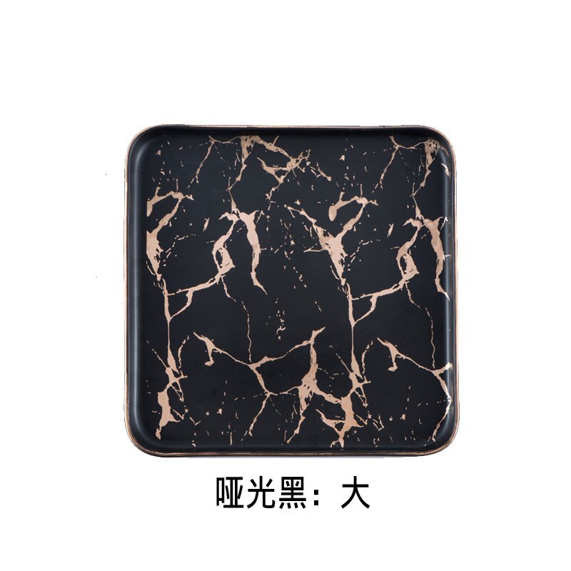 Square Tableware Marble Plates Ceramic Dinner Set Gold Inlay Porcelain Dessert Plate Steak Salad Snack Cake Plates: black--L