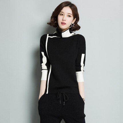 Vrouwen Geel Coltrui Winter Patchwork Trui Lange Mouw Gebreide Warme Dikke Truien En Pullovers Vrouwelijke Jumper Tricot Tops: black / XXXL