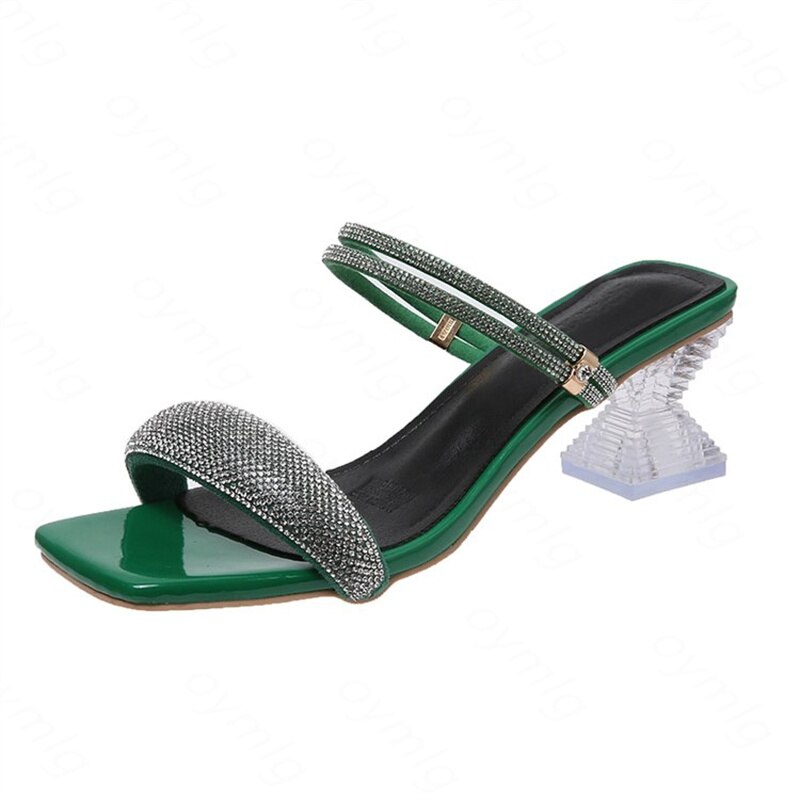 2022 summer rhinestone sandals, medium heels, thick heels, one word with two slippers, fairy high heels women&#39;s shoes: emerald green / 39