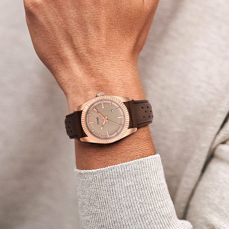 TOMI Reloj clásico de para hombre y mujer Reloj de cuarzo de cuero marrón con calendario de negocios de tendencia versátil