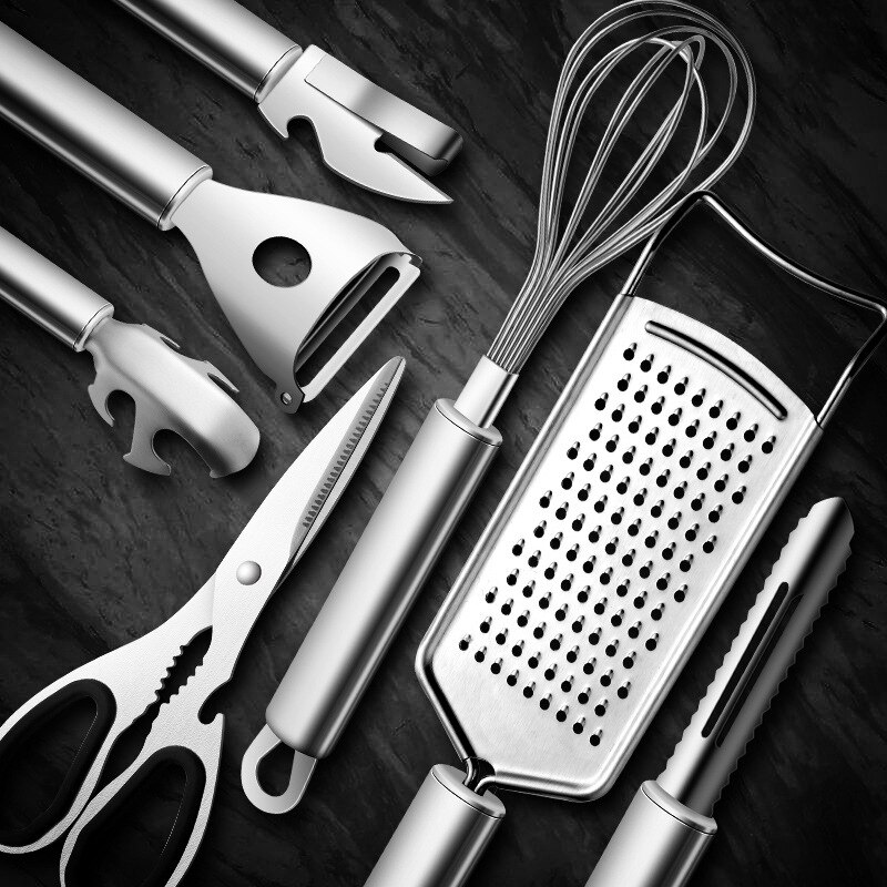 7Pc Kitchen Gadget Set Stainless Steel Multi-purpose Kitchen Grater, Whisk, Can Opener, Pizza Cutter, Peeler, Bowl Dish Pan Clip