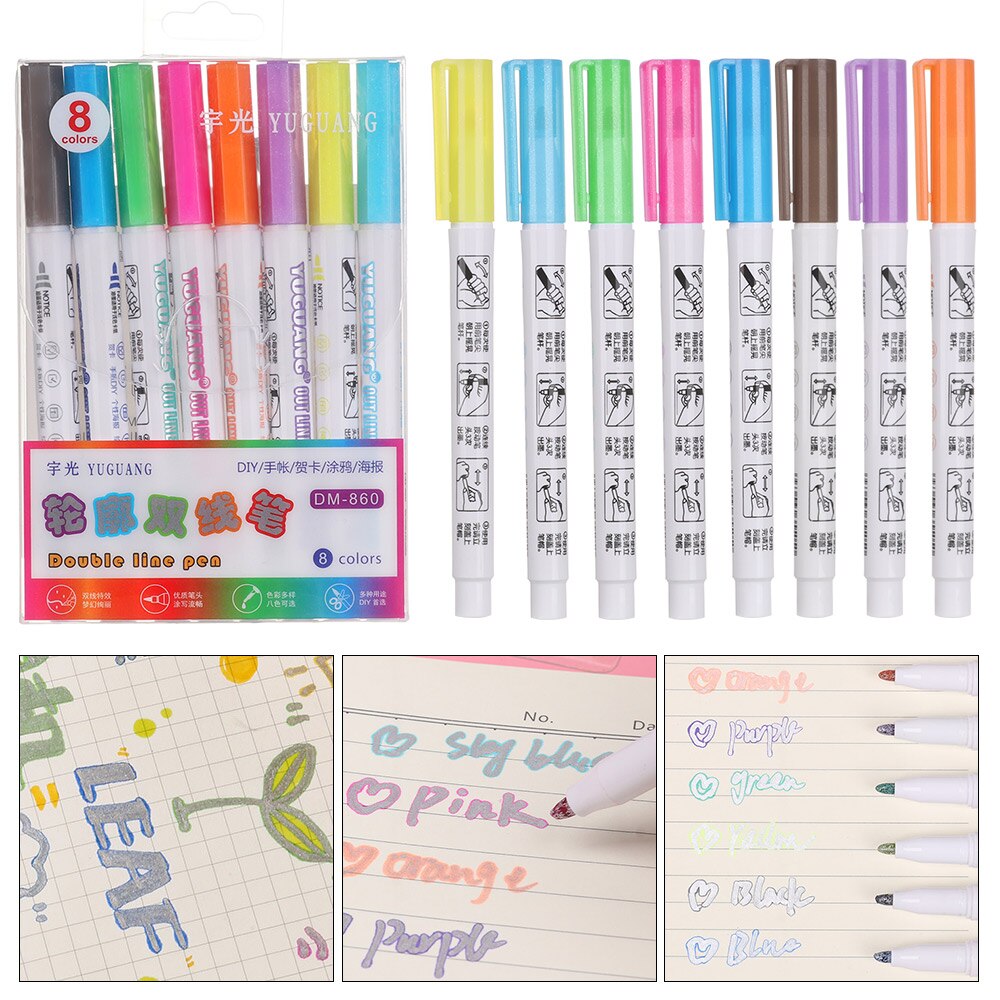 8 PCs/Set Colorful Double Line Pen Highlighter Fluorescent Markers Candy Color Hand Painted Pen for School Poster DIY Album