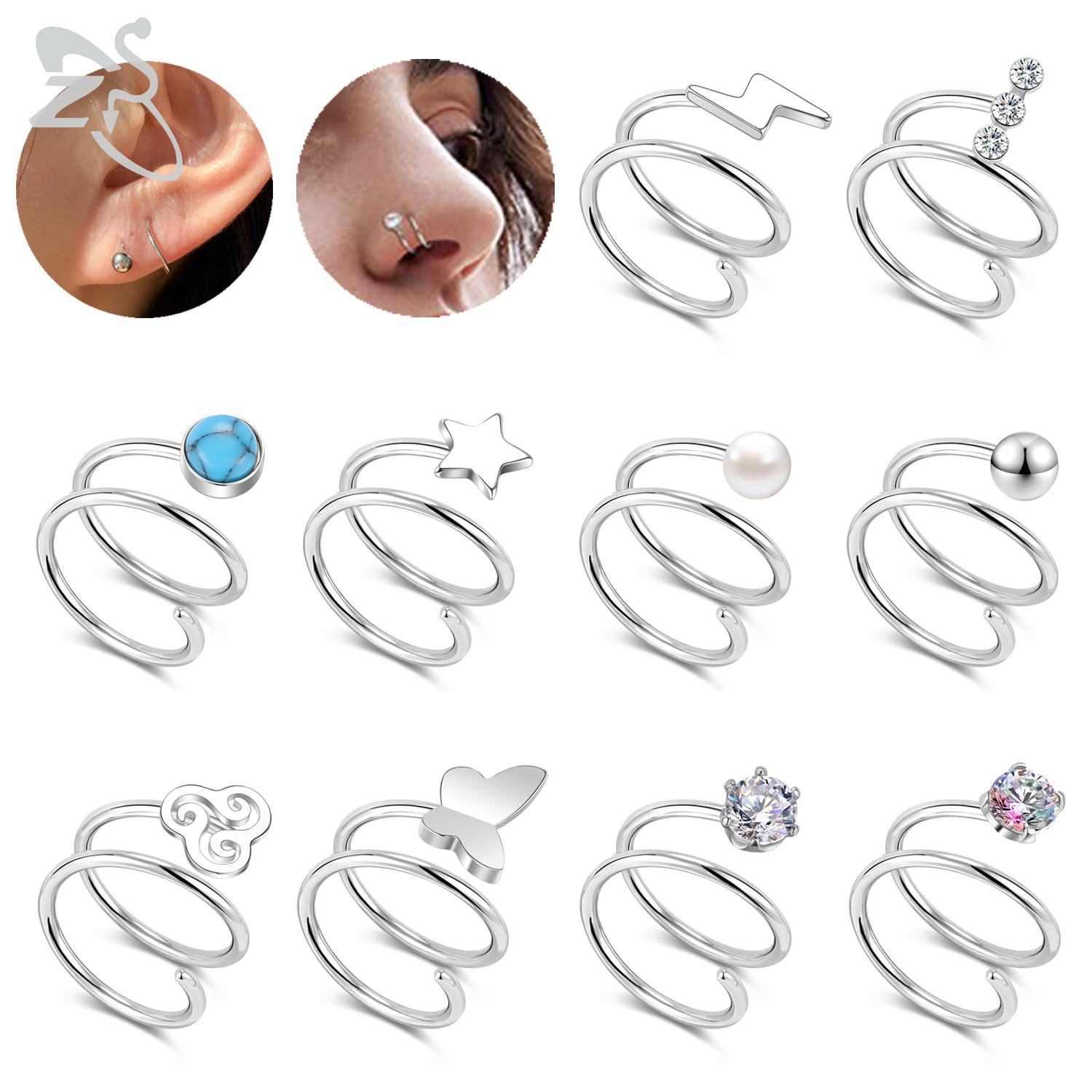 ZS 1 ST 20G Dubbele Lagen Rvs Neusring Vlinder Ster Neus Hoop Ringen Oorkraakbeen Tragus Helix piercings Sieraden
