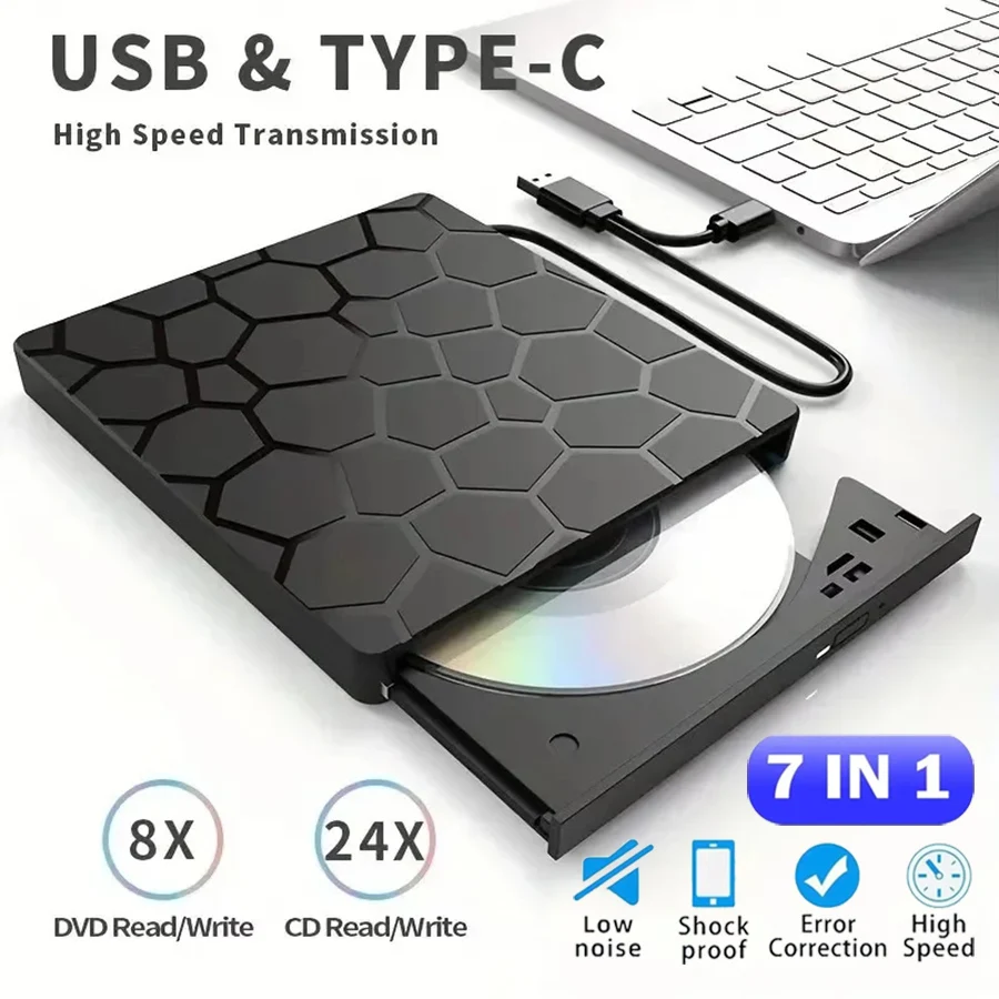 Portable CD Players 7 in 1 External CD RW DVD Optical Drives USB 3.0 Type C DVD Burner Reader for PC Desktop Mac Windows Linux