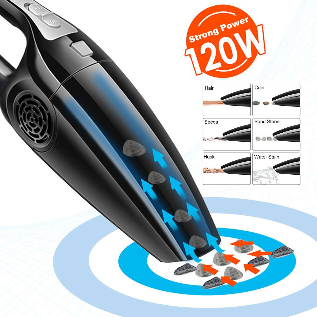 Aspiradora de polvo ciclónico de Casa de coche portátil de Audew 120W 12V de mano de uso húmedo de polvo de doble filtración desmontable