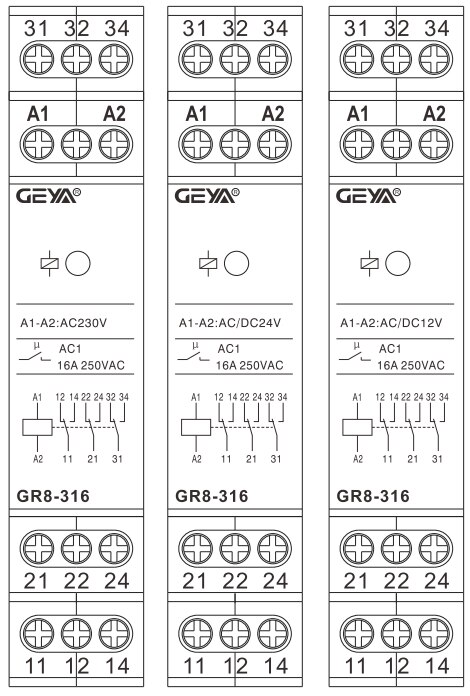 GEYA-interrupteur intermédiaire GR8, relais auxiliaire 8a, 16a, 1SPDT, 2SPDT, 3spdt, AC/dc 12/24/48V, 110V AC 230V