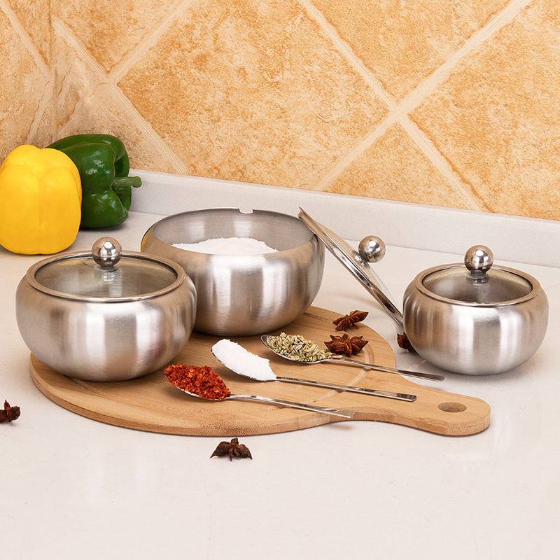 MOM'S HAND Kitchen Seasoning Box Stainless Steel Large Sugar Bowl With Glass Clear Lid and Spoon
