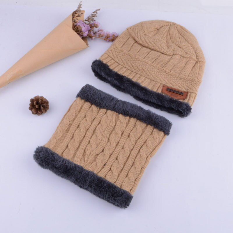 Vinter gutt lue skjerf sett fast strikket lue lokk tykkere varm fløyel låve hatt sikring caps ski myk ringe skjerf låve