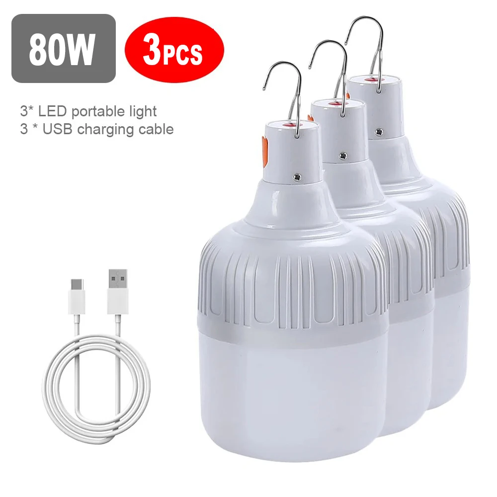 60w x 80w campinglampor usb-uppladdningsbara led-nödlampor för utomhusbruk, bärbara lyktor med krok för grilltält, batterilampa: 15w