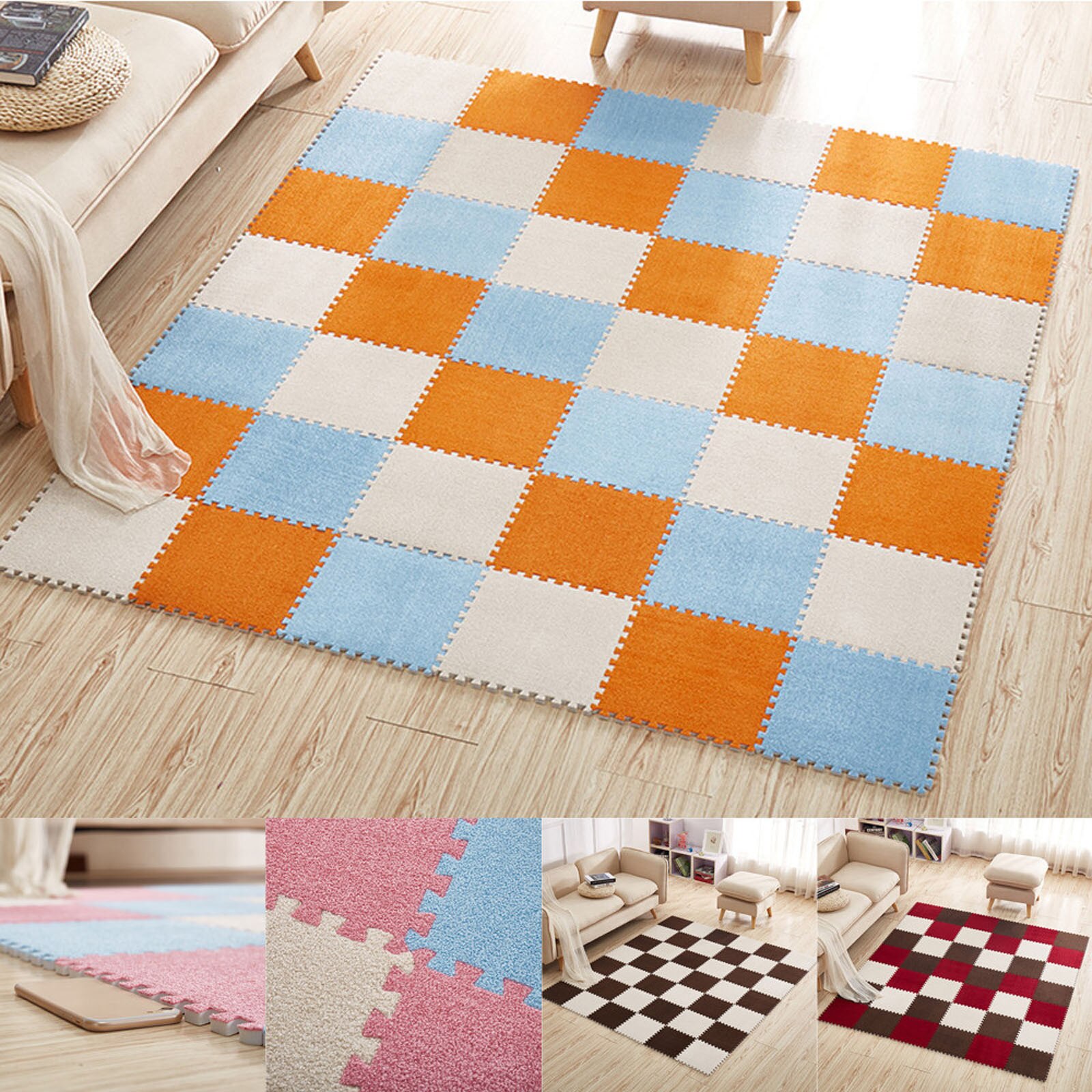 Tapis de carré Puzzle Polyester velours tapis en 14 couleurs bricolage épissage blocs de couleur décor à la maison