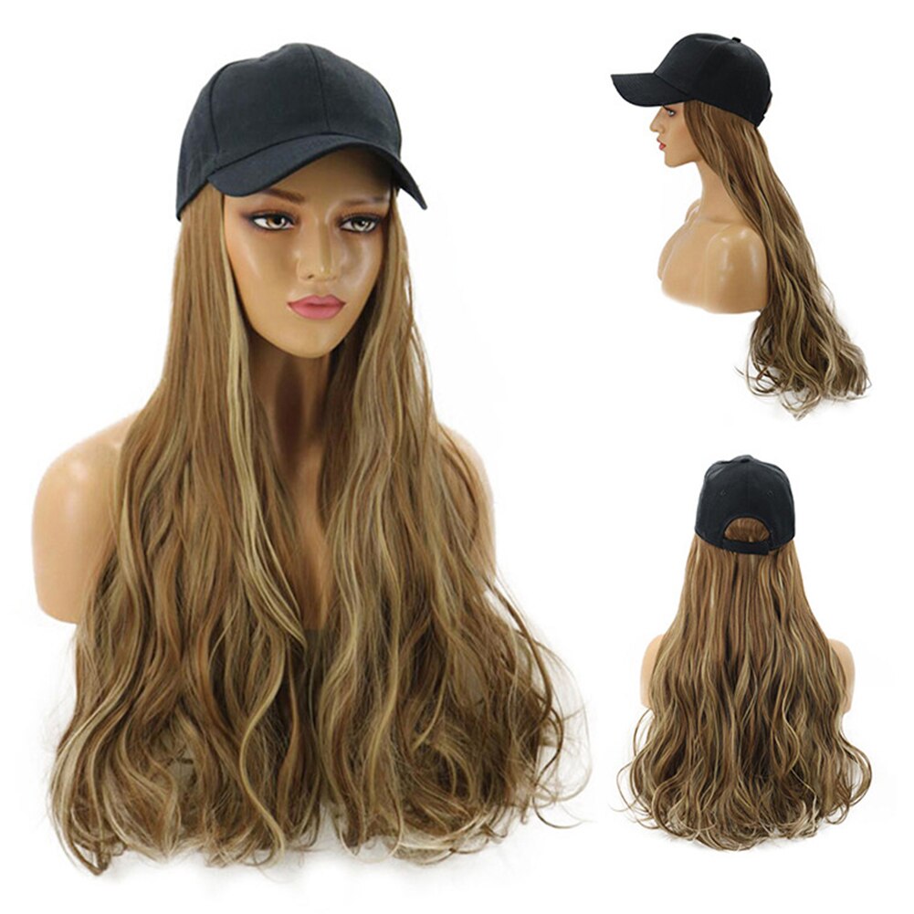 Kvinder pige lang krøllet paryk syntetisk hårstykke hårforlængelse med baseball cap skridsikker, hold dig fast på hovedet.