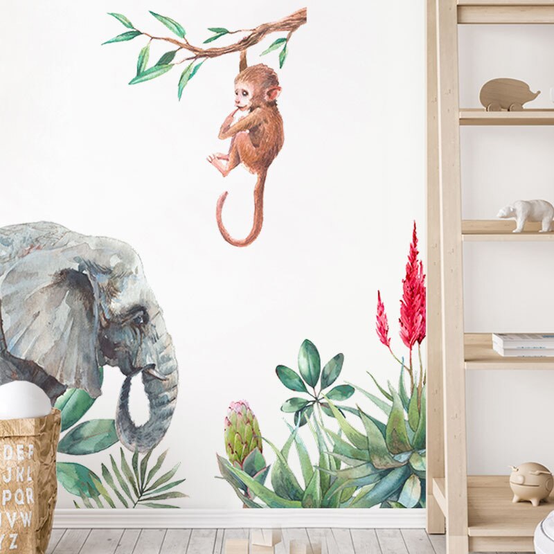 Cartoon Monkey Elephant Wall Sticker Kids Baby Room Background Home Decoration Mural Wall Edge Bedroom Wallpaper Animal Stickers