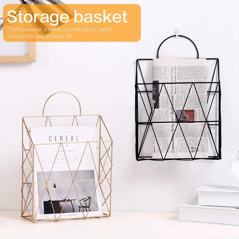 Magazine Holder Hanging Wall Mounted Newspaper Periodical Book Document File Organizer Basket Metal Shelf Storage Container Di: Gold