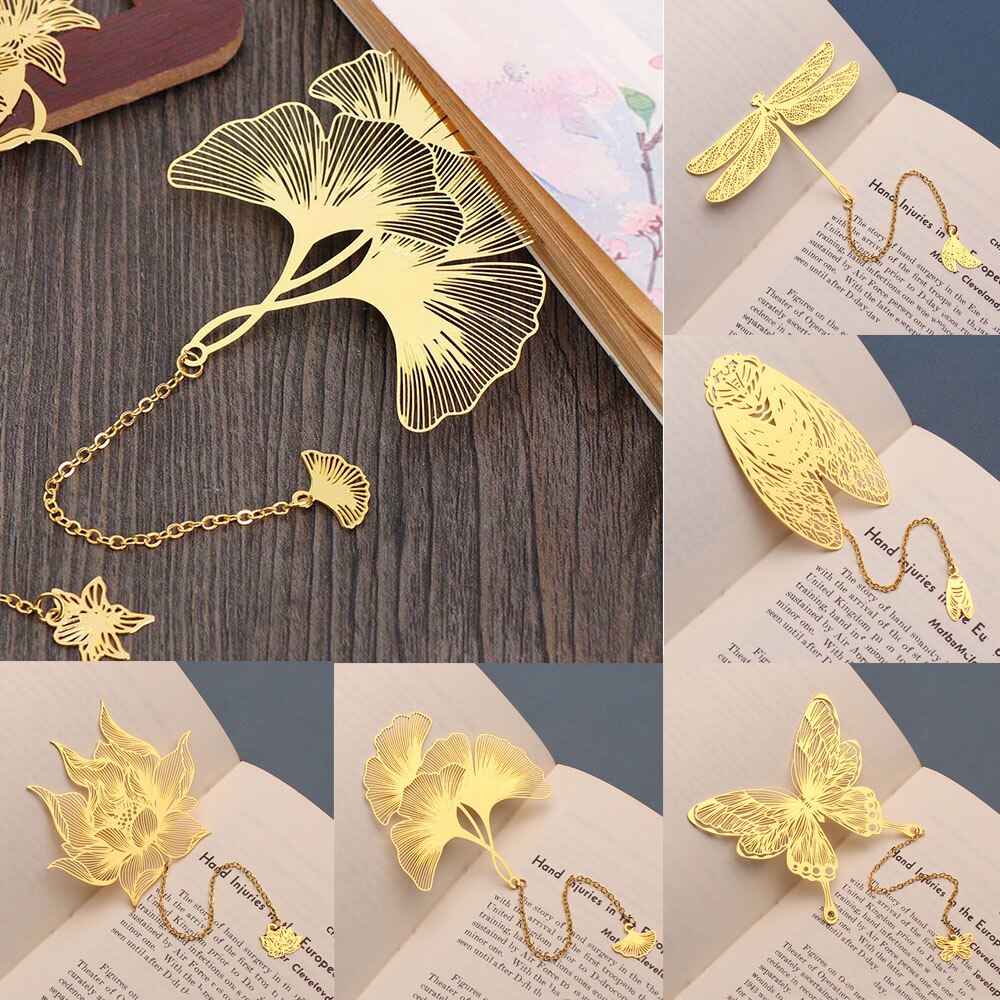 Retro Chinese Style Hollow Gold Metal Bookmark Maple Leaf Vein Fringed Pendant Apricot Leaf Bookmark Stationery