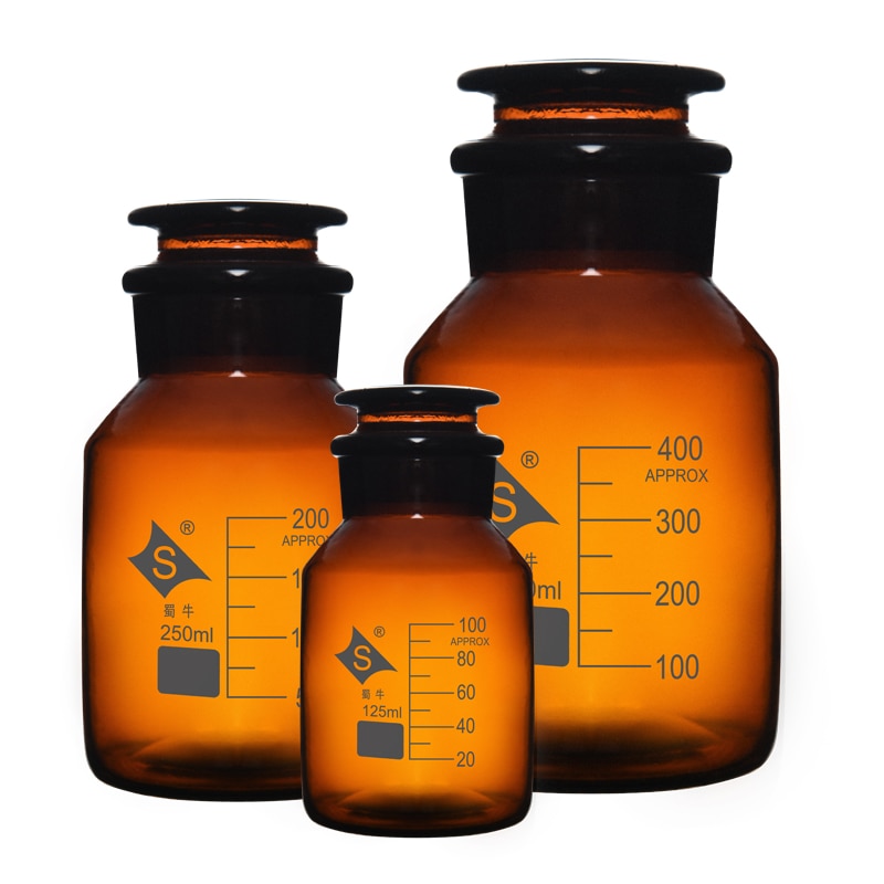 Skalowane szkło brązowe duże usta matowe usta zamknięte butelka odczynnika brązowe szerokie usta butelka próbka 60 -1000ml