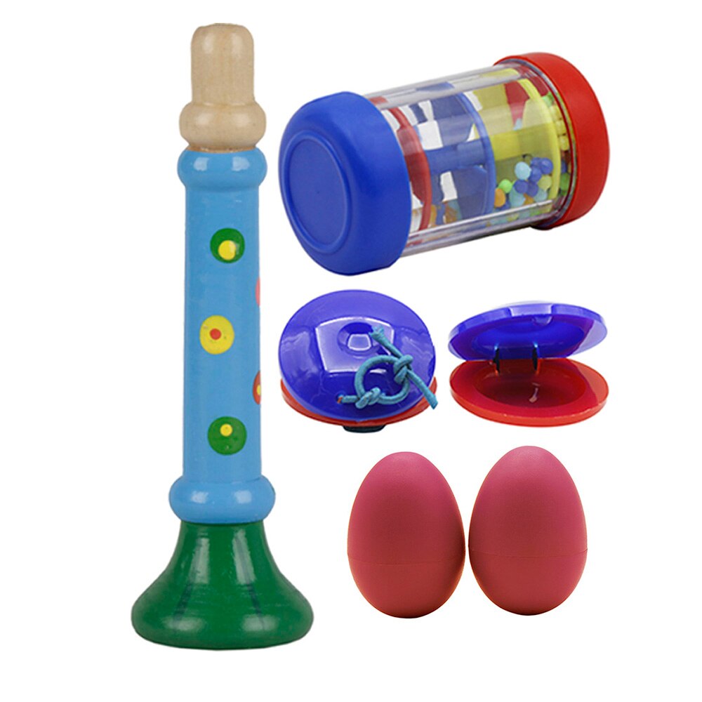 Musical Toys Percussion Instruments Band Rhythm Kit Including Wooden Horn + Rain Stick + Egg Shape Maracas + Castanets