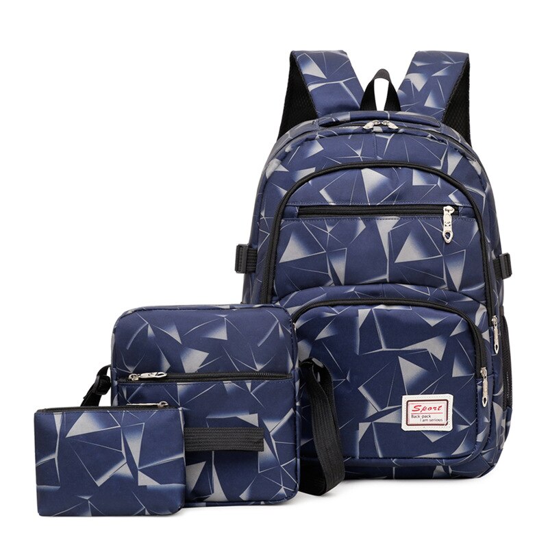 3pcs/set Male backpacks high school bags for women boys one shoulder big student travel bag men school backpack mochila: blue